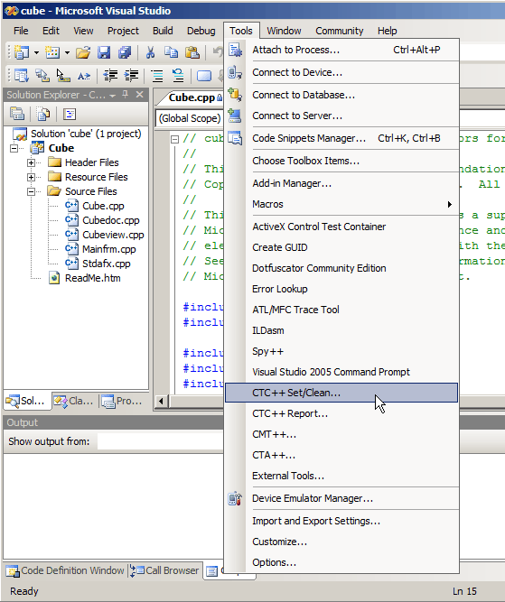 CTC++ commands in Tools menu